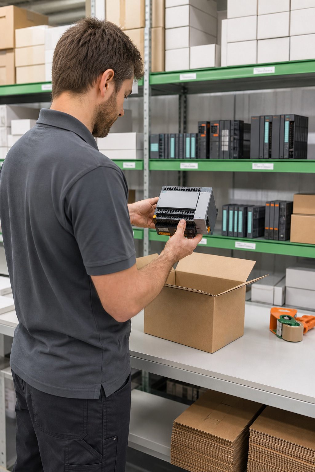 Industrial parts specialist verifying an automation module for supply